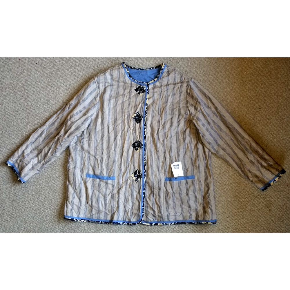 Womens Jacket-KOOS OF COURSE-blue/beige striped REVERSIBLE linen blend ls-2X
